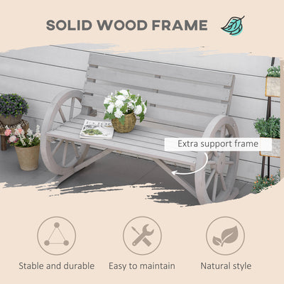 Outsunny Wooden Cart Wagon Wheel 2 Seater Garden Bench Outdoor Garden Armrest Chair Rustic High Back Loveseat Grey 