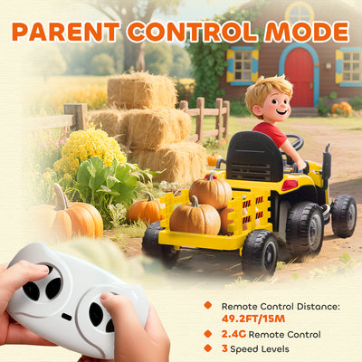 AIYAPLAY 12V Ride on Tractor and Trailer with Remote Control, Music, Shifter, Start-Up Sound, for Kids Ages 3-8 Years, Yellow 