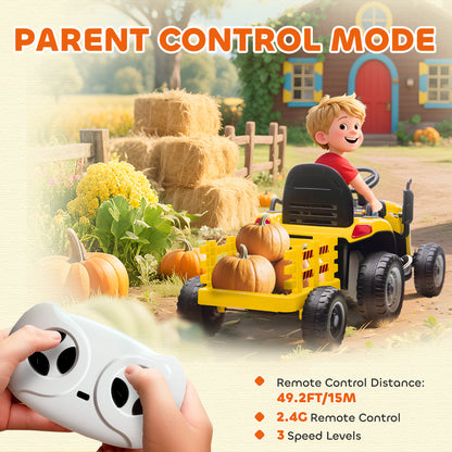 AIYAPLAY 12V Ride on Tractor and Trailer with Remote Control, Music, Shifter, Start-Up Sound, for Kids Ages 3-8 Years, Yellow