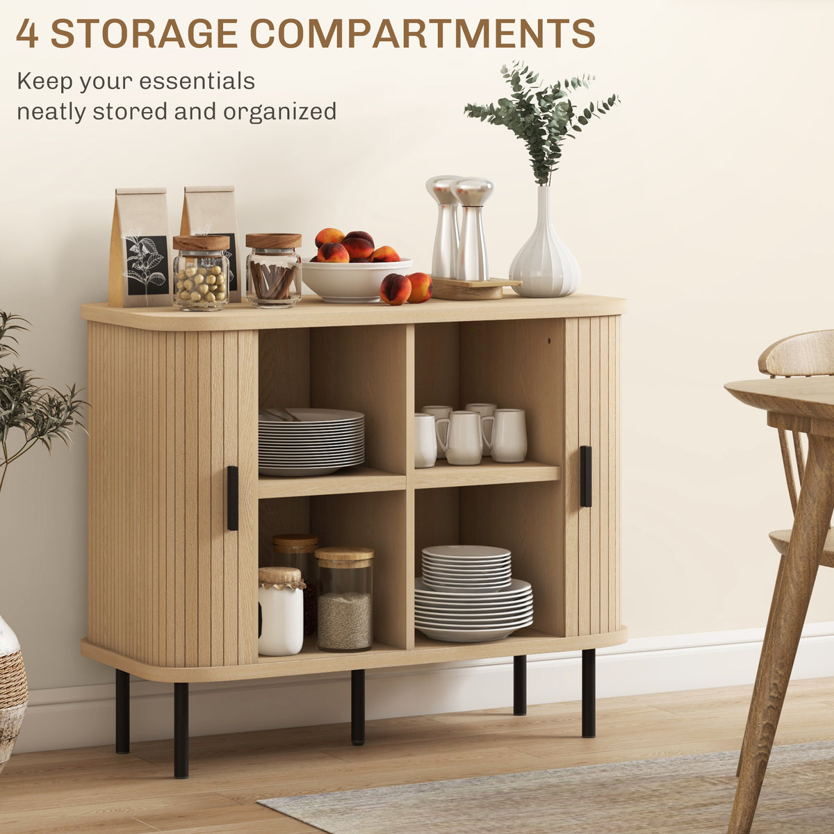 HOMCOM Mid-Century Modern Sideboard Storage Cabinet with Slatted Tambour Sliding Doors, Kitchen Cabinet with Steel Legs, Oak Tone 