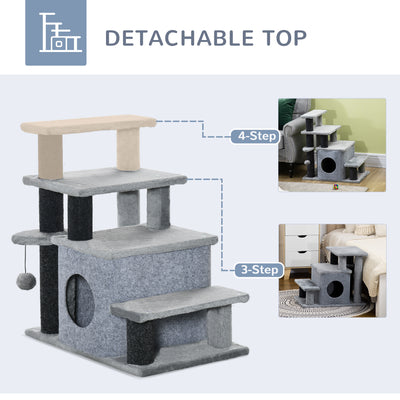 PawHut Adjustable Cat Steps, with House & Hanging Toy Ball - Grey 