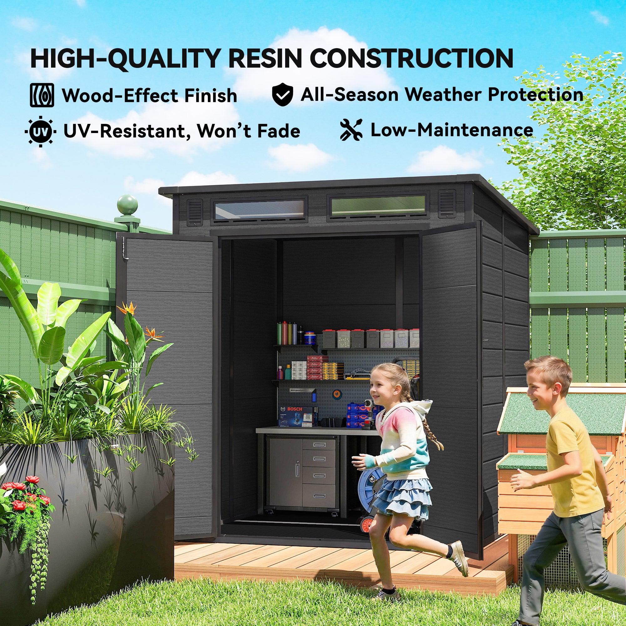 Outsunny 6 x 6 ft Plastic Garden Shed, Wood-Effect Outdoor Storage Shed with Floor, Windows, Lockable Doors and Vents, Dark Grey 