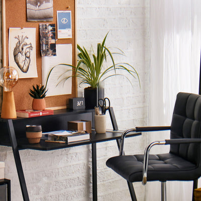 HOMCOM Home Office Chair and Computer Desk Set, Faux Leather Desk Chair with Swivel Wheels, Study Desk with Storage Shelf, Black 