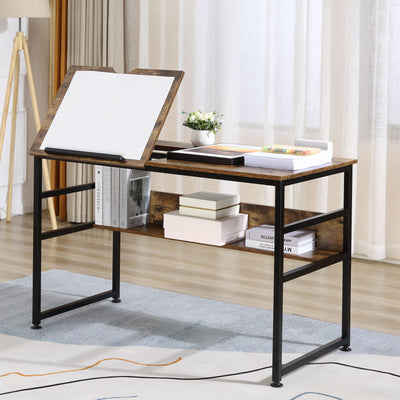 HOMCOM Adjustable Drafting Table Art Desk Drawing Table, Craft Desk Workstation for Painting, Multifunctional Writing Desk w/ 15-Level Tiltable Tabletop and Storage Shelf, Home Office, Rustic Brown 