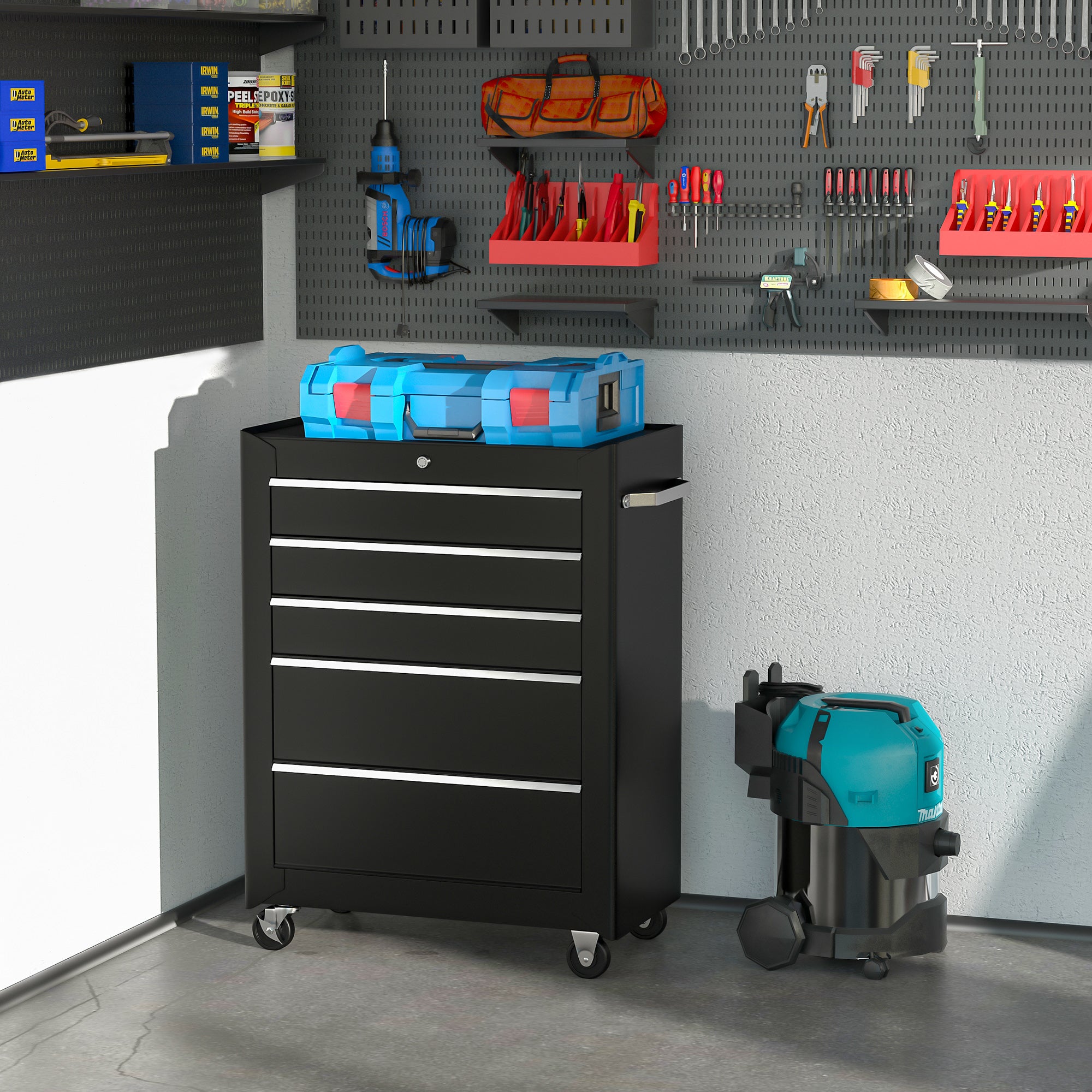 HOMCOM 5-Drawer Tool Chest, Lockable Steel Tool Storage Cabinet with Wheels and Handle Tool Box for Garage, Workshop, Black 