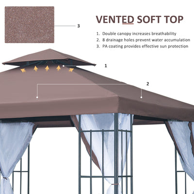 Outsunny 3 x 3(m) Patio Gazebo Canopy Garden Pavilion Tent Shelter with 2 Tier Roof and Mosquito Netting, Steel Frame, Coffee 