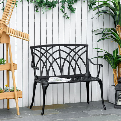 Outsunny 2-Seater Cast Aluminium Garden Bench Loveseat Outdoor Furniture Chair w/ Decorative Backrest & Ergonomic Armrest for Patio Terrace Porch 