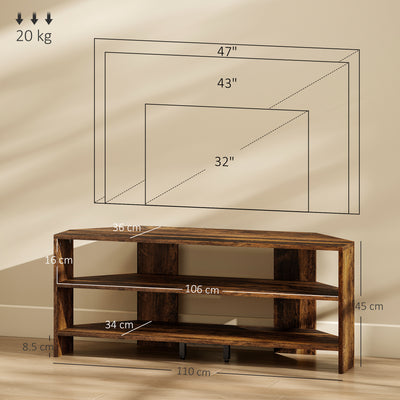 HOMCOM Corner TV Stand with 2 Open Shelves for 47 Inch TV - Rustic Brown 