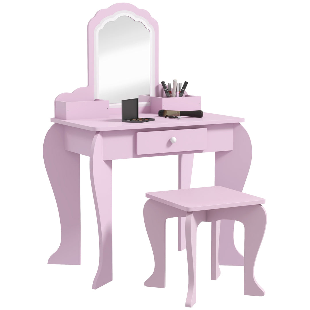 ZONEKIZ Kids Vanity Table with Mirror, Stool, Drawer, Storage Boxes, Cloud Design, for Ages 3-6 Years - Pink 
