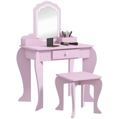 ZONEKIZ Kids Vanity Table with Mirror, Stool, Drawer, Storage Boxes, Cloud Design, for Ages 3-6 Years - Pink 