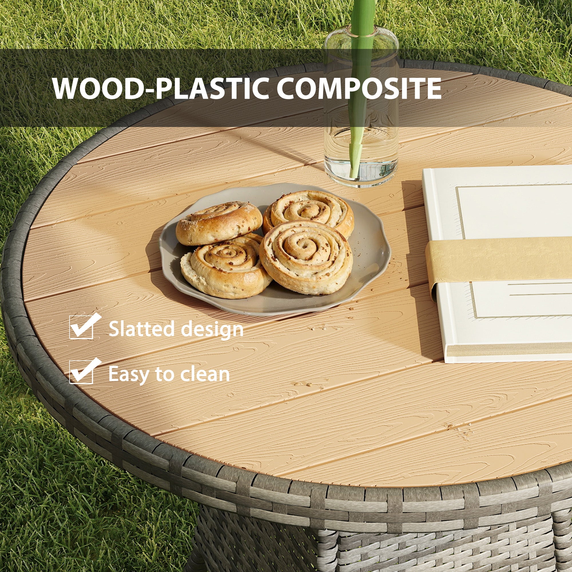Outsunny 70 cm Wood-Effect Rattan Garden Table - Natural Wood Finish 