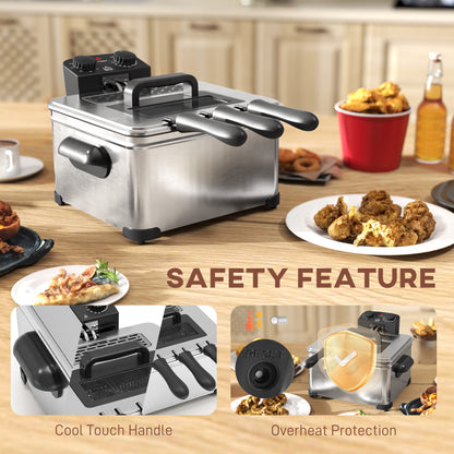 HOMCOM 5 Litre Deep Fat Fryer with Adjustable Temperature & Timer, 2000W Stainless Steel Deep Fryer with Removable Oil Basket and Viewing Window, for Chips Fried Chicken