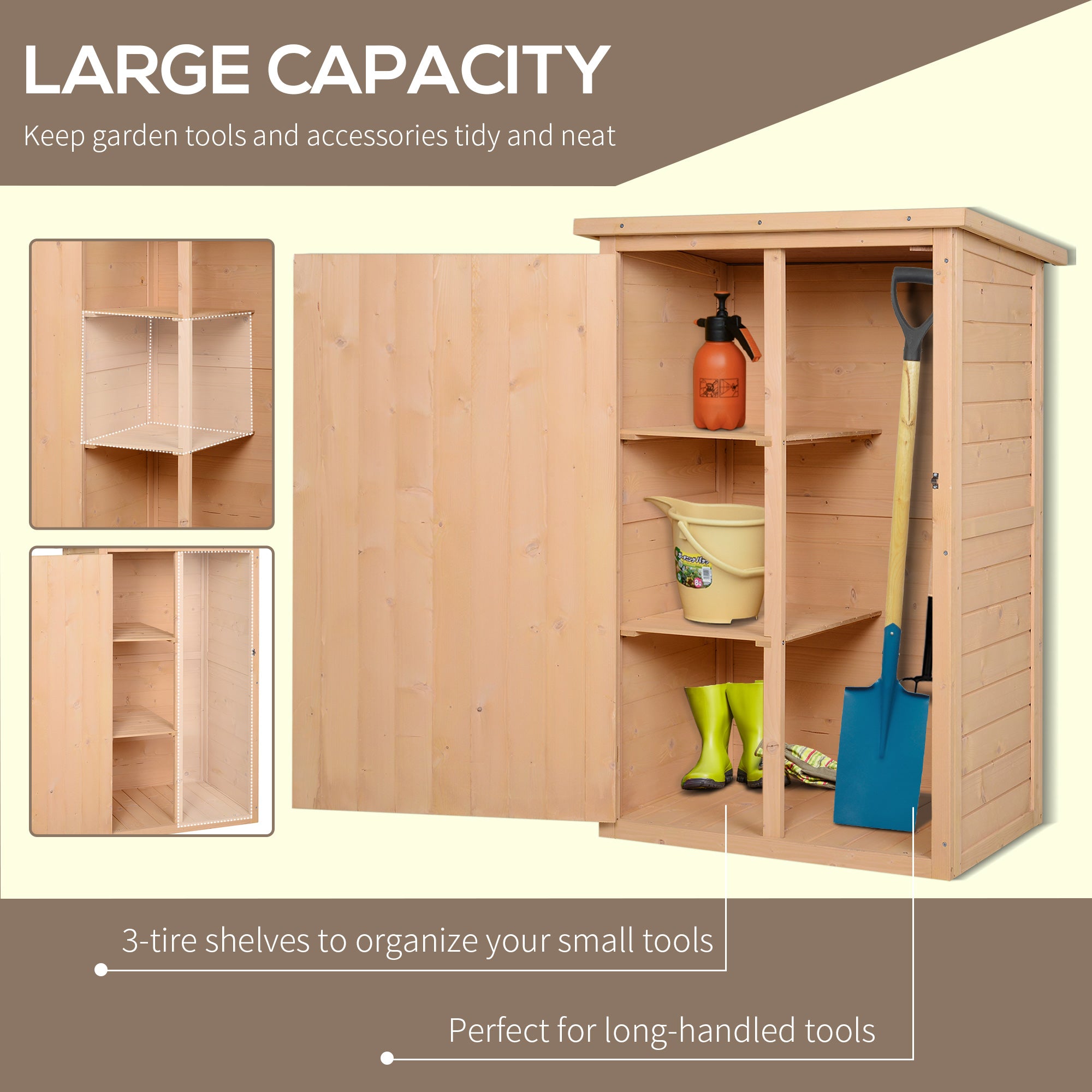 Outsunny Wooden Small Shed, Garden Storage Shed with Shelves and Bolt Latch, 75L x 56W x115H cm, Natural 