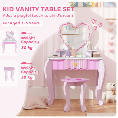 AIYAPLAY Kids Dressing Table Set, Vanity Table with Stool, Mirror, Drawer, Desktop Storage, Heart Theme, Pink
