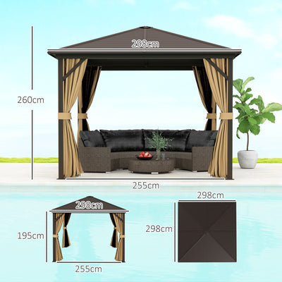 Outsunny 3 x 3(m) Metal Hardtop Gazebo, with Curtains and Accessories - Brown 