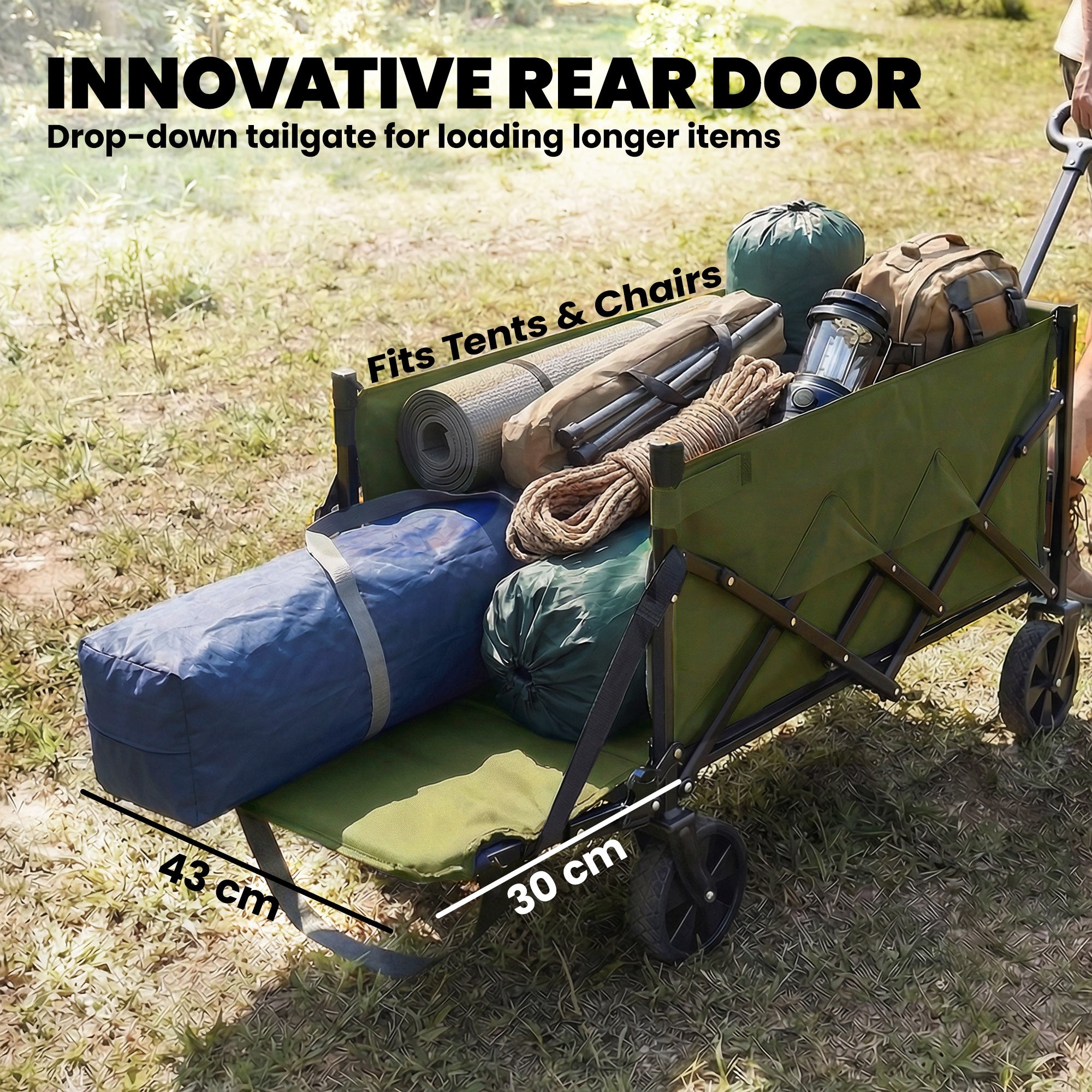 Outsunny 60L Foldable Festival Trolley on Wheels, Collapsible Wagon Cart with Drop-Down Tailgate, Adjustable Handle, Green 