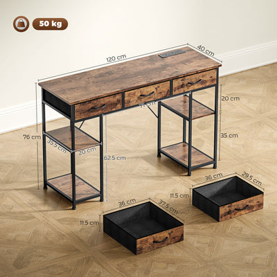 HOMCOM 120cm Computer Desk with Power Outlets, Office Desk Study Table with Fabric Drawers and Storage Shelves, Rustic Brown 