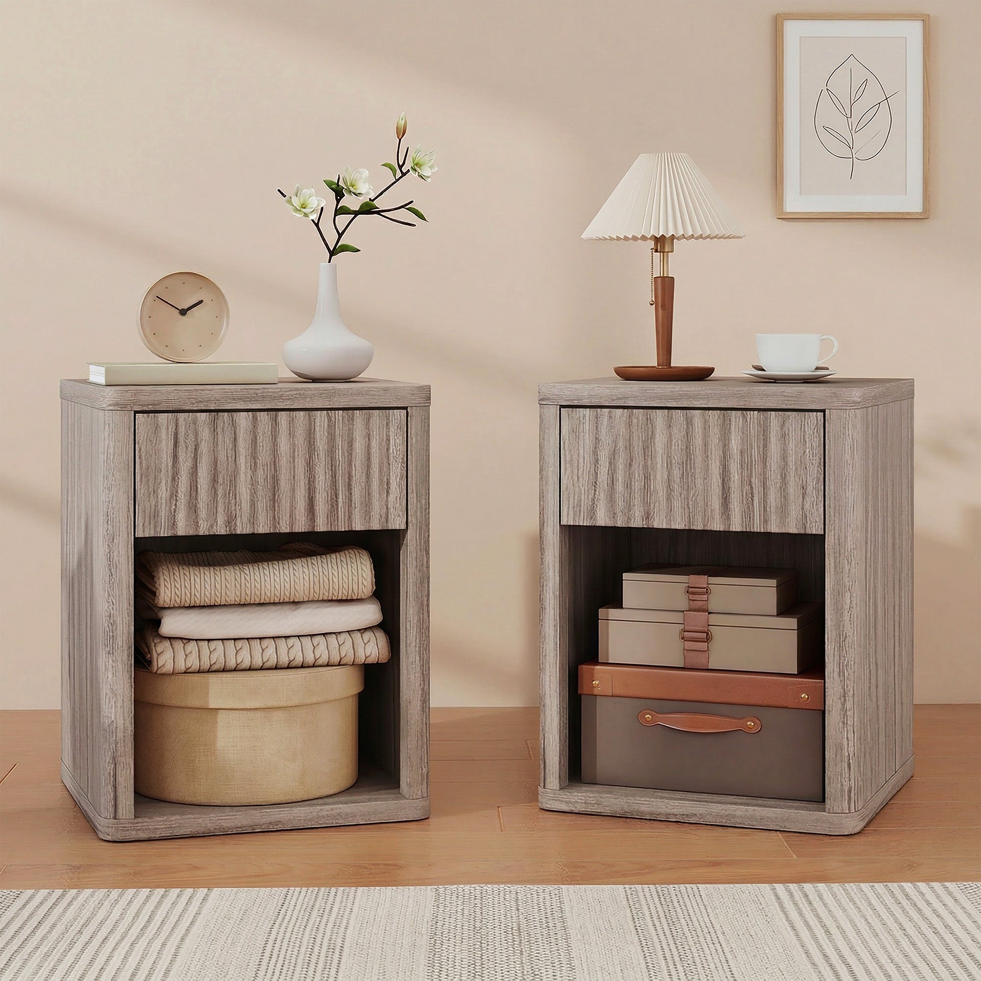 HOMCOM Modern Bedside Table Set of 2, Bedside Cabinet with Drawer and Open Shelf, Side End Table, Nightstand for Bedroom, Oak 