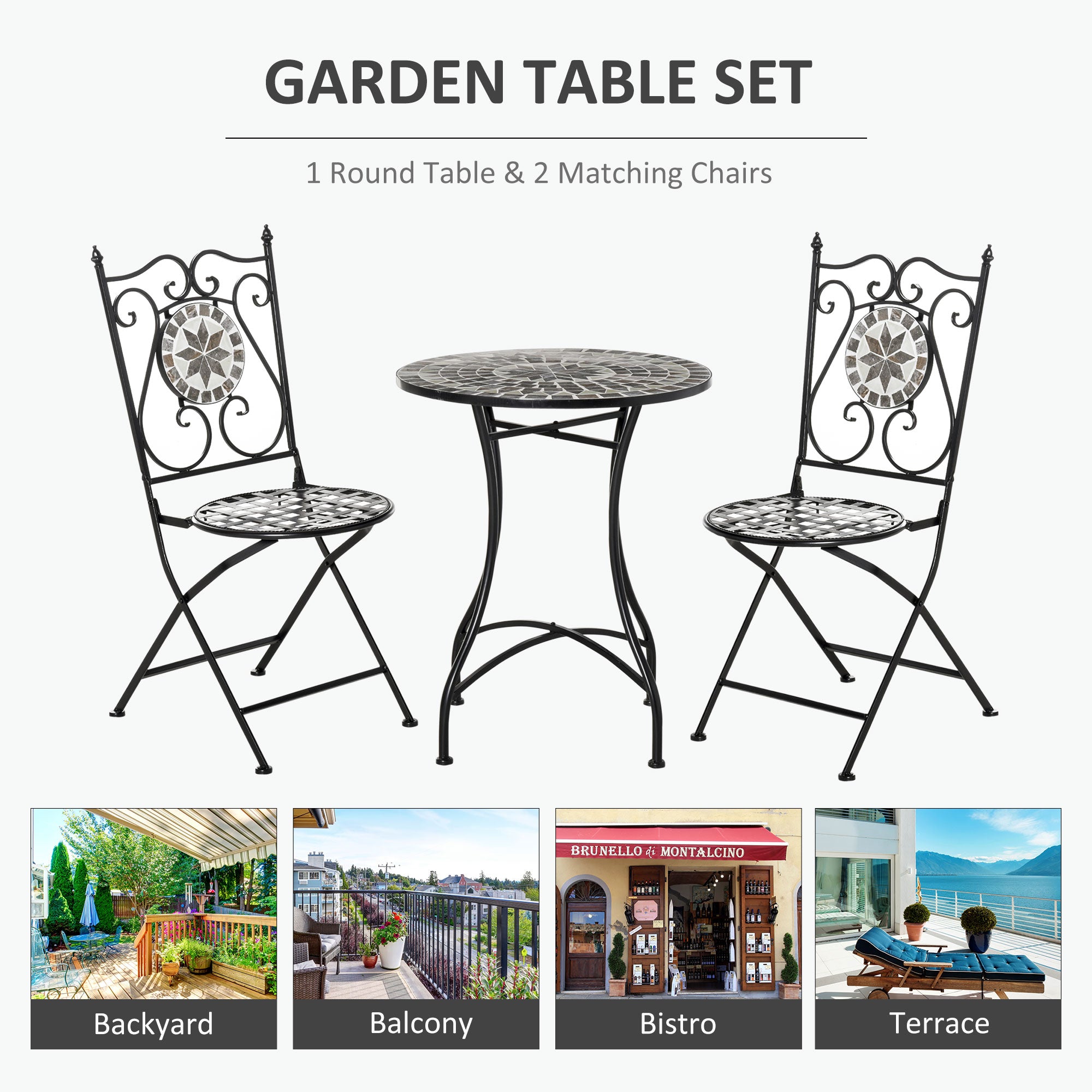 Outsunny 3 Pcs Mosaic Tile Garden Bistro Set Outdoor Seating w/ Table 2 Folding Chairs Set Metal Frame Elegant Scrolling Indoor Patio Balcony 