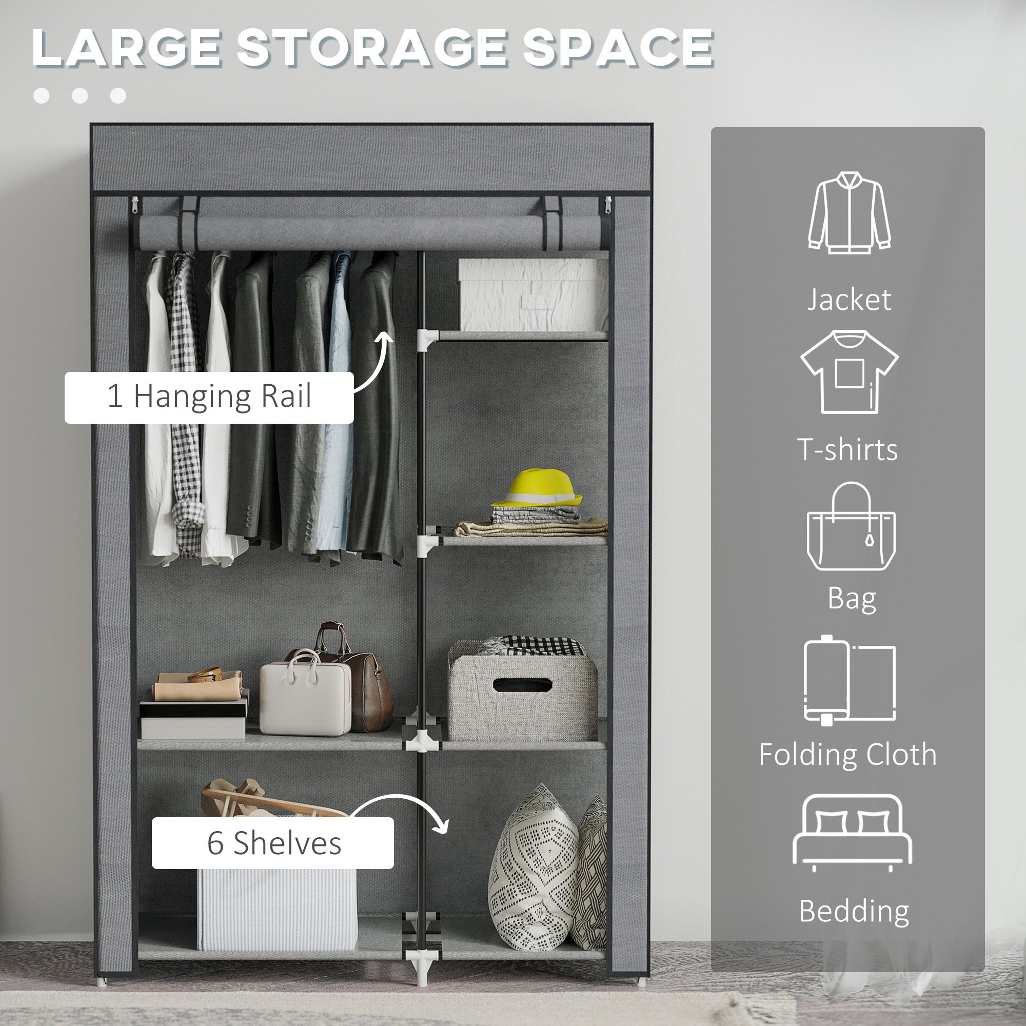 HOMCOM Rail and Six Shelf Fabric Wardrobe - Dark Grey 