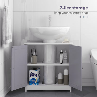 kleankin 60x60cm Under-Sink Storage Cabinet w/ Adjustable Shelf Handles Drain Hole Bathroom Cabinet Space Saver Organizer White and Grey 