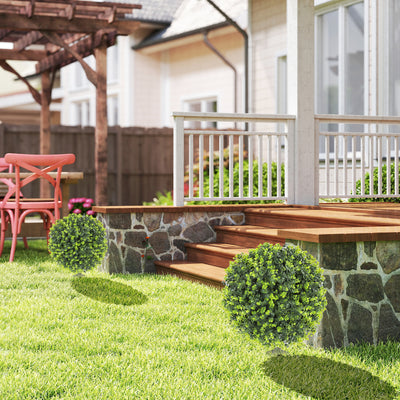 HOMCOM Set of 2 40 cm Artificial Boxwood Topiary Ball Bush with Integrated Ground Stake, Indoor Outdoor UV Resistant Faux Greenery, Faux Plants for Garden, Porch, Balcony 