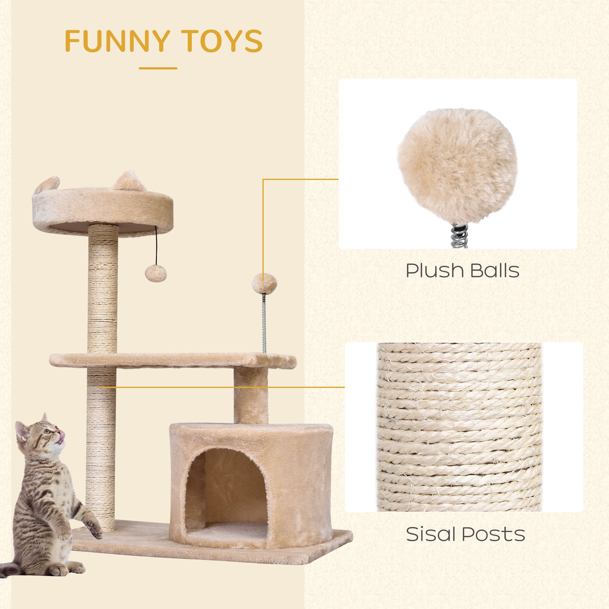 PawHut Cat Tree for Indoor Cats with Scratching Post Climbing Tower Kitty Activity Centre Condo Perch Jumping Platforms Beige 60L x 40W x 81H cm 