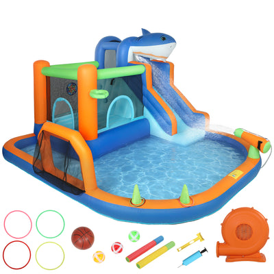 AIYAPLAY Inflatable Bouncy Castle for Kids, Sharks Theme Jumping Bounce House with Slide, Climbing Wall for Indoor Outdoor 