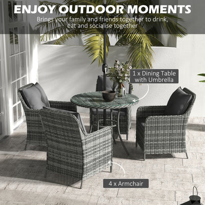 Outsunny 4 Seater Rattan Dining Set with Parasol & Cushions - Mixed Grey 