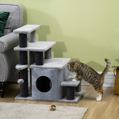 PawHut Adjustable Cat Steps, with House & Hanging Toy Ball - Grey 