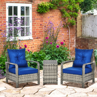 Outsunny 3 Pieces Rattan Bistro Set, Wicker Garden Furniture Set with Storage  Coffee Table and Chairs, Thickened Cushions for Outdoor, Patio, Balcony, Blue 