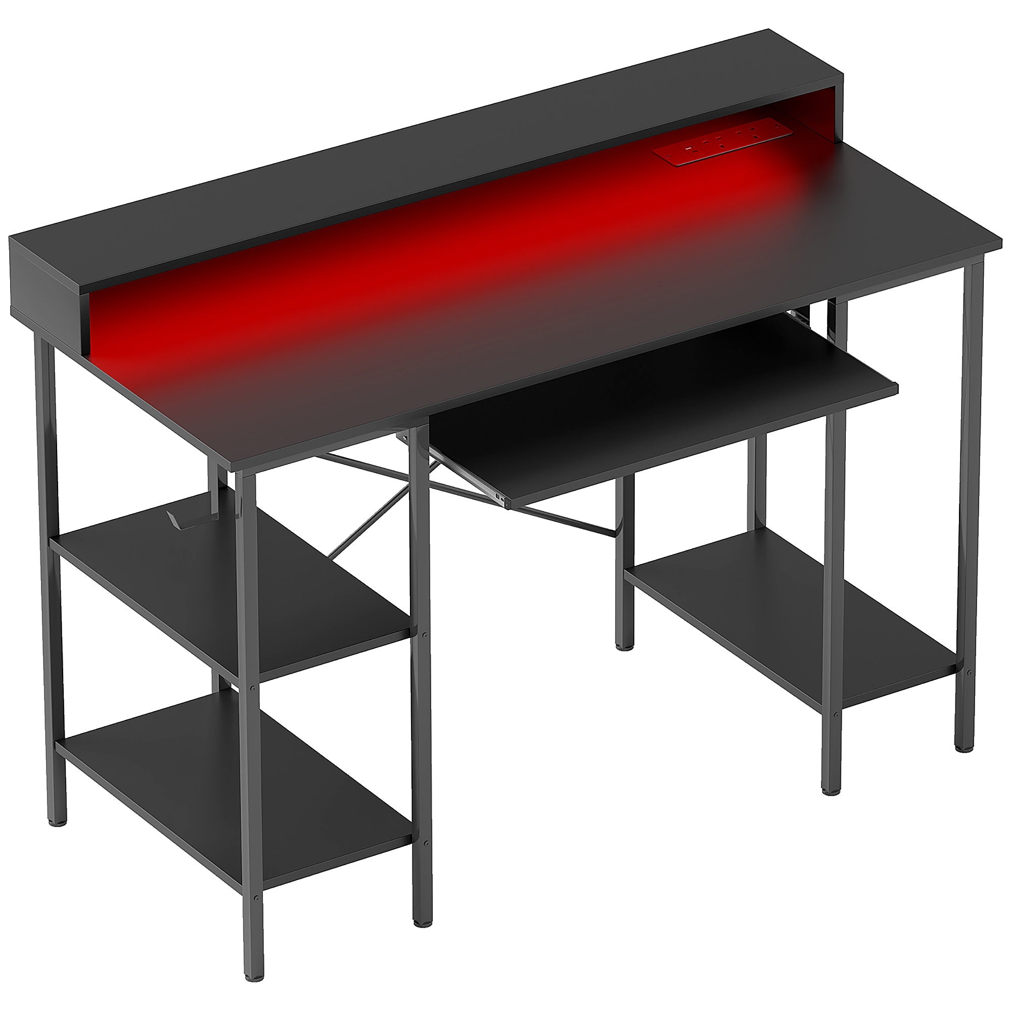 HOMCOM Computer Desk with LED Lights and Power Outlets, 120 x 55 cm Reversible Gaming Desk with Monitor Stand, Sliding Keyboard Tray and Storage Shelves for Home Office, Black 