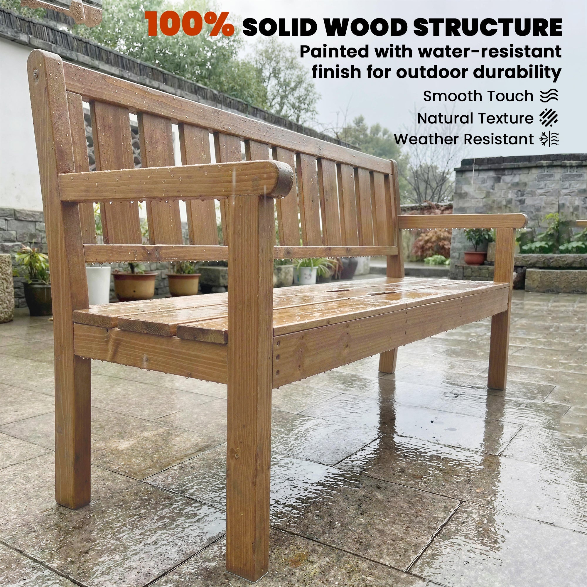 Outsunny Wooden Garden Bench with Liftable Table & Shelf, 2-3-Seater Outdoor Loveseat with Fir Wood Frame, Teak 
