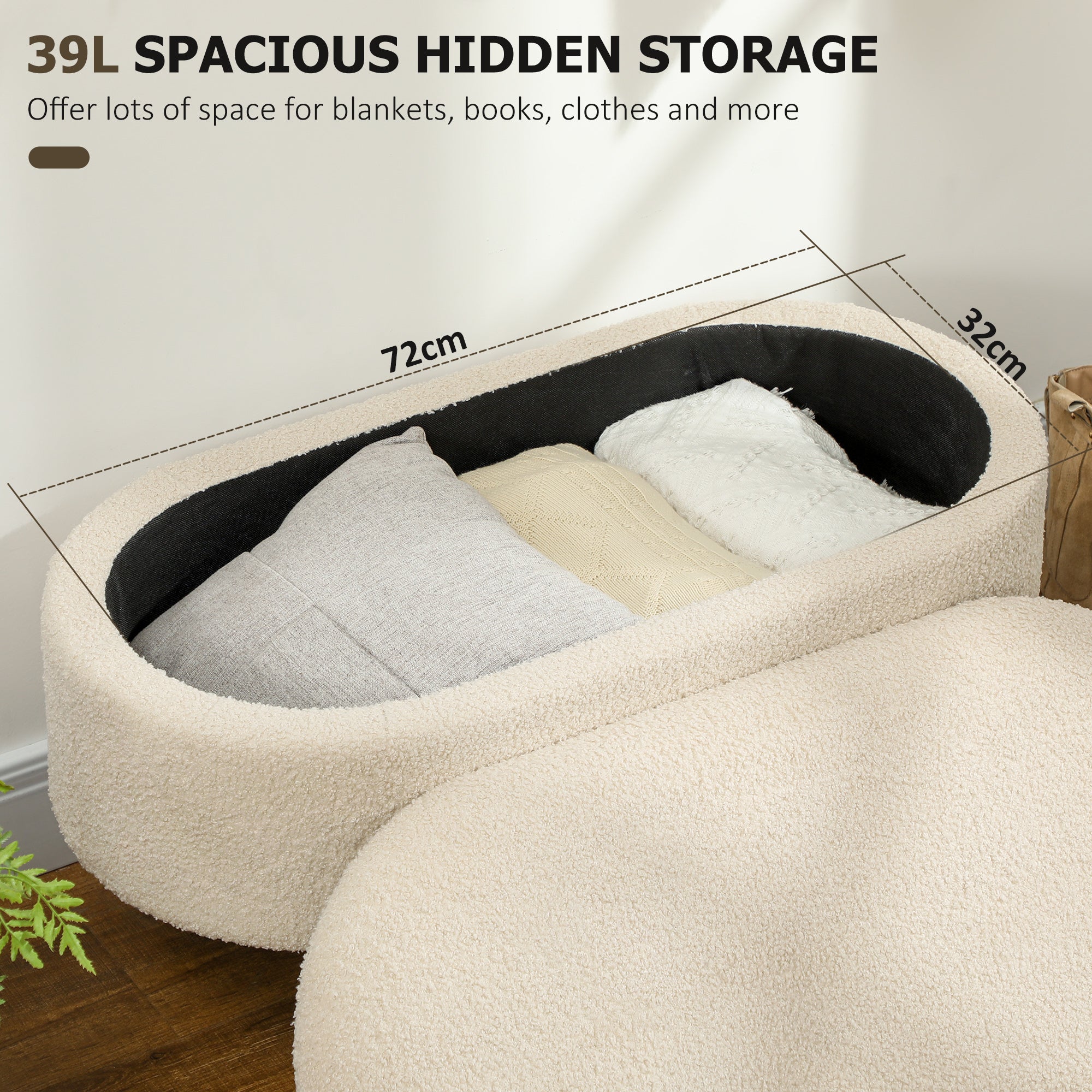 HOMCOM Teddy Fleece Storage Ottoman - Cream White 