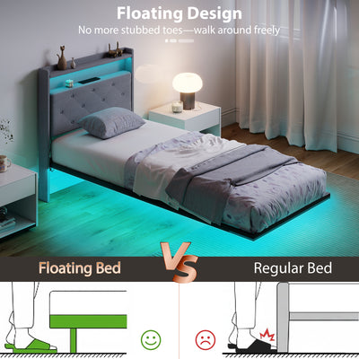 HOMCOM Floating Bed Frame, Upholstered 3ft Single Size Bed, Platform Bed with RGB LED Lights and Charging Station, Grey 