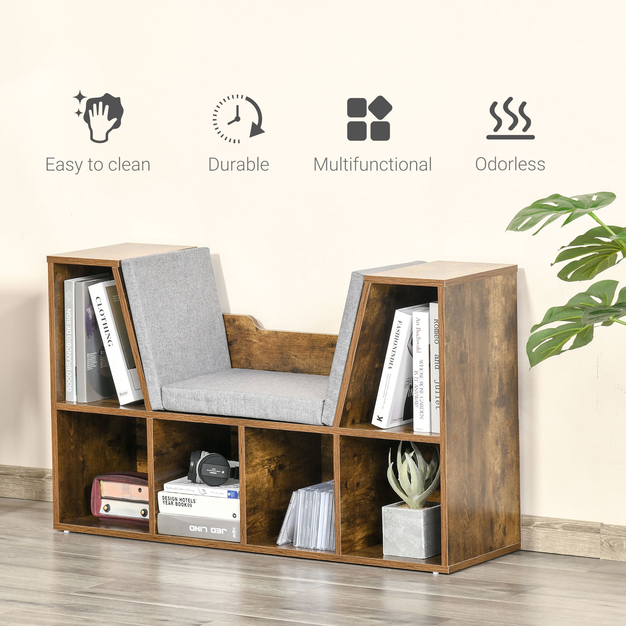 HOMCOM Bookcase Storage Shelf with Cushioned Reading Seat, Cube Bookshelf Organizer for Bedroom Living Room, Rustic Brown 