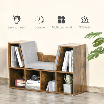 HOMCOM Bookcase Storage Shelf with Cushioned Reading Seat, Cube Bookshelf Organizer for Bedroom Living Room, Rustic Brown 