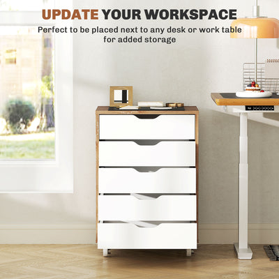 Vinsetto Five-Drawer Filing Cabinet, with Wheels - Oak Brown 