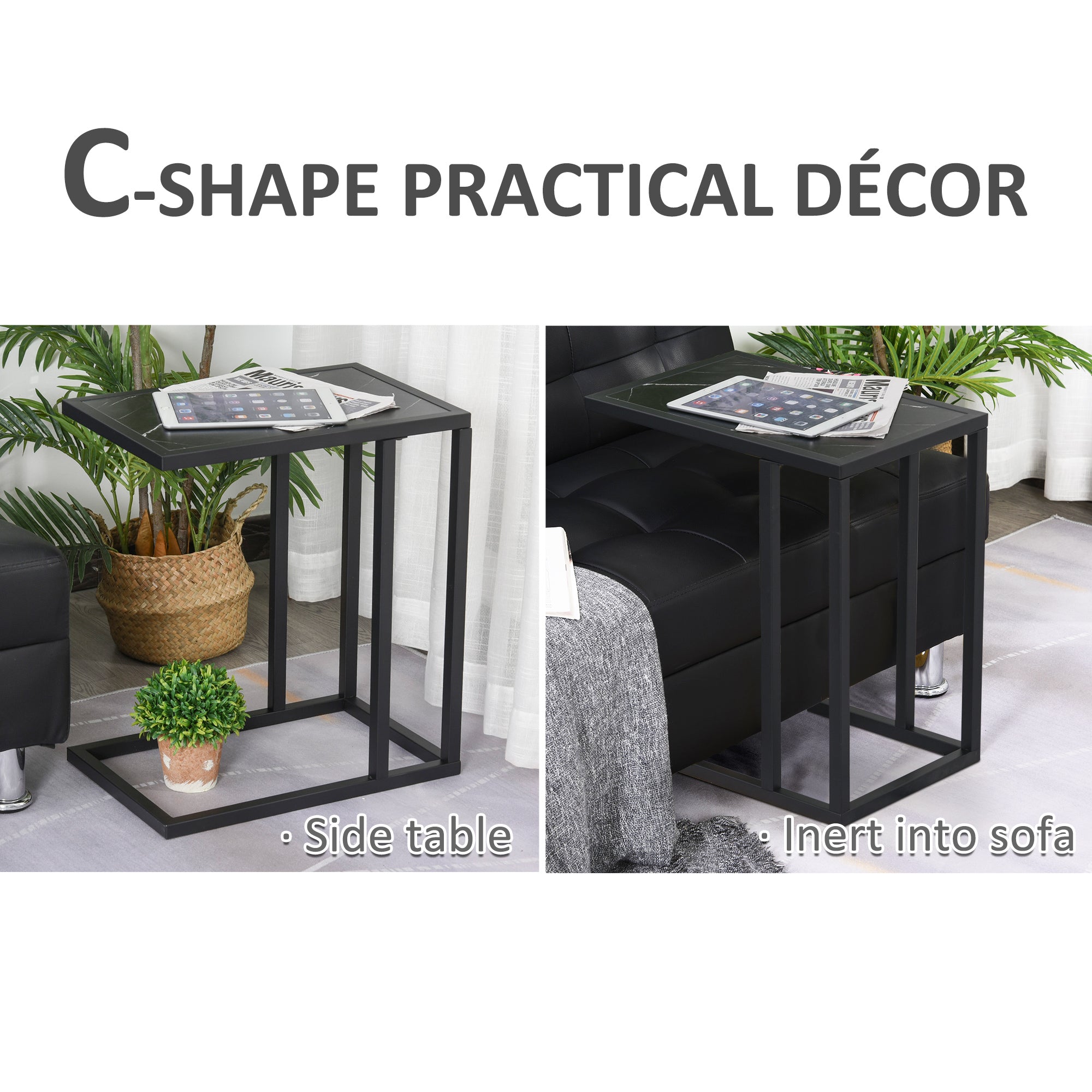HOMCOM C Shape Bedside Table w/Metal Frame Marble-Effect Top Sofa Narrow Snack End Table for Living Room, Black 