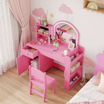 AIYAPLAY Kids Vanity Table and Chair Set, Girls Dressing Table with 2-Colour LED Mirror, Stool, Cabinet, Drawer, Shelves, Pink 