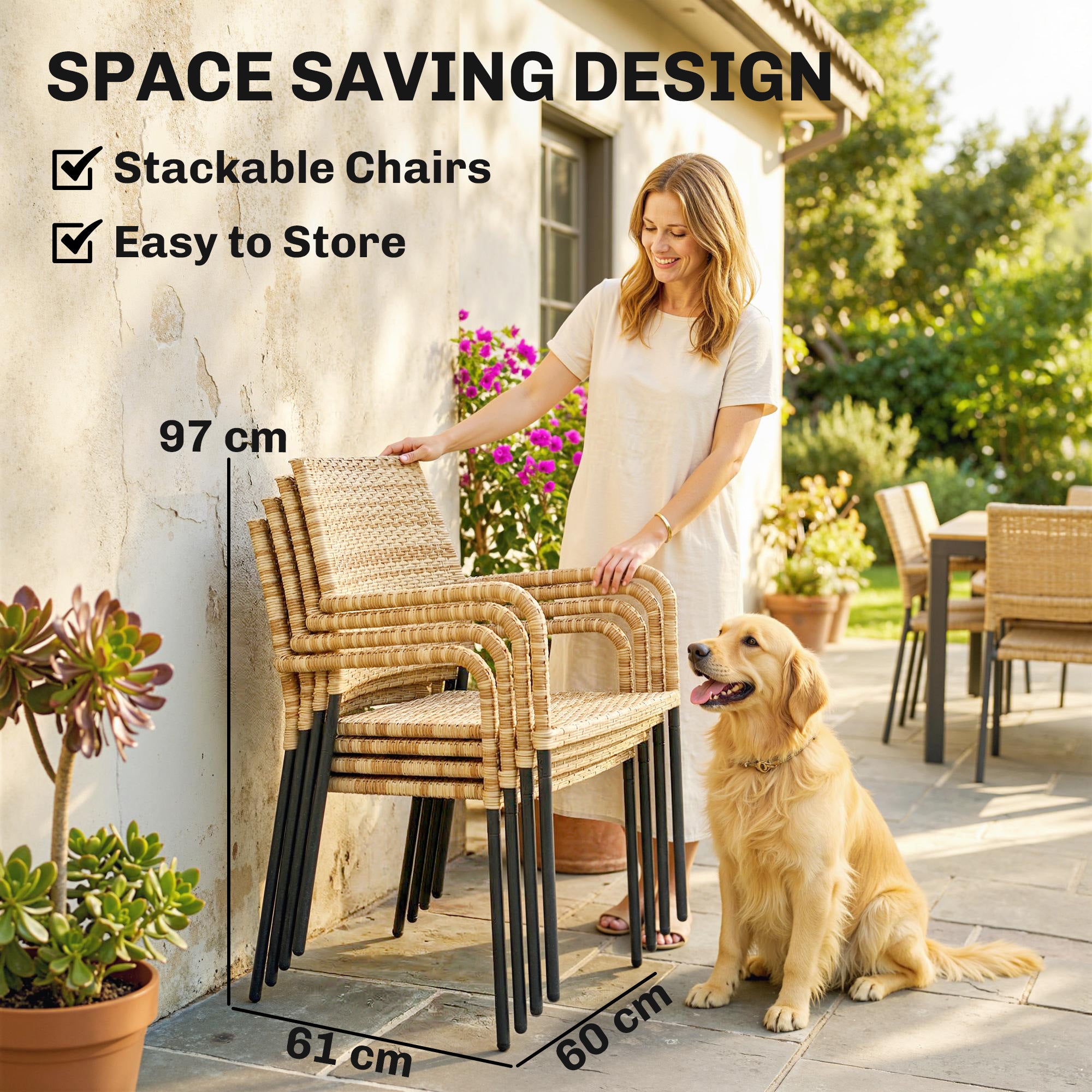Outsunny 4 Seater Rattan Dining Set with Parasol, 6 Piece Garden Table and Stackable Chairs with Tempered Glass Tabletop 