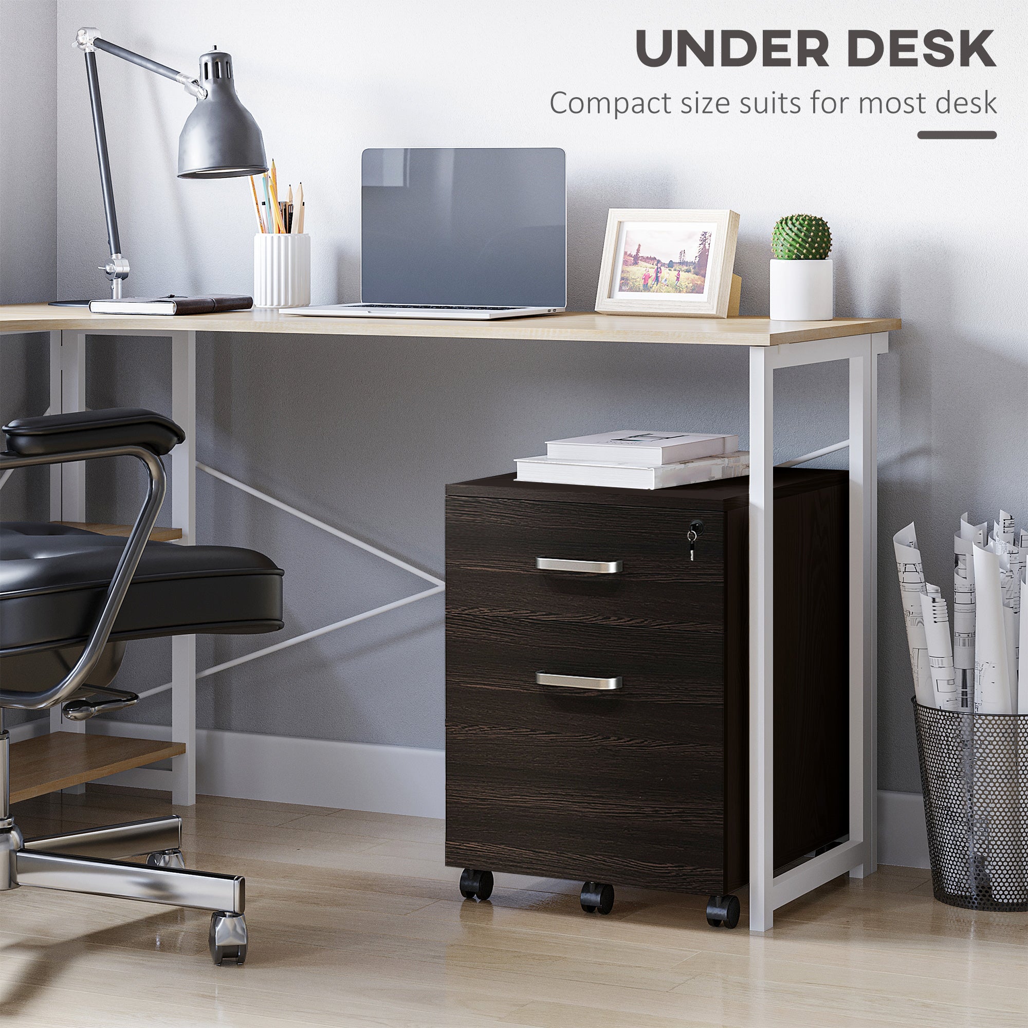 Vinsetto 2-Drawer Locking Office Filing Cabinet w/ 5 Wheels Rolling Storage Hanging Legal Letter Files Cupboard Home Organisation Black Wood Grain 