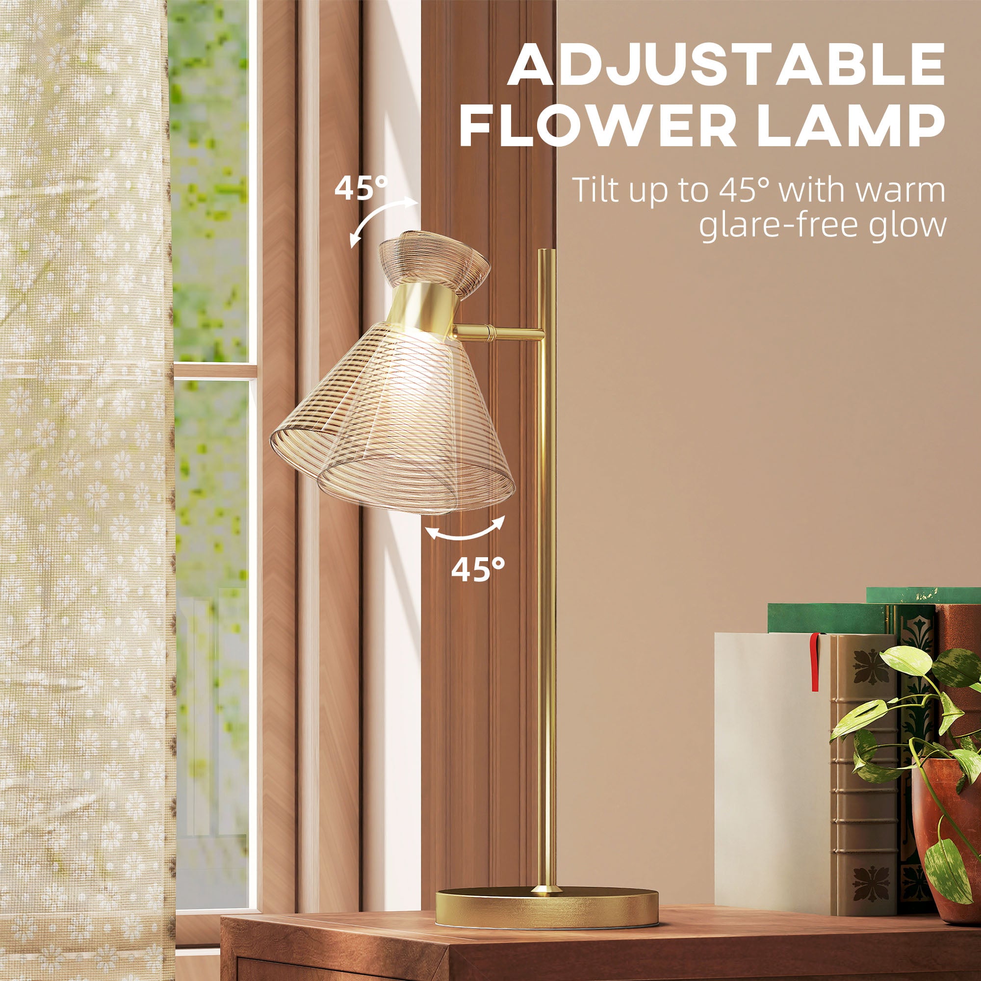 HOMCOM Modern Table Lamp, Bedside Lamp with Adjustable Flower-Shaped Head and E27 Socket for Living Room Bedroom Study, Bulb Not Included, Gold Tone 