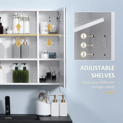 Illuminated Bathroom Mirror Cabinet 650 x 700Hmm LED Bathroom Mirror with Lights Touch Switch, Adjustable Shelf,  USB Charge, White 