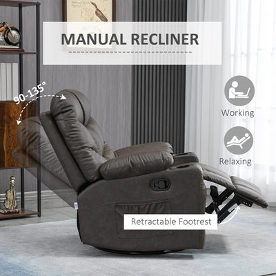 HOMCOM Manual Reclining Chair, Recliner Armchair with Faux Leather, Footrest, Cup Holders, 86x93x102cm, Brown 