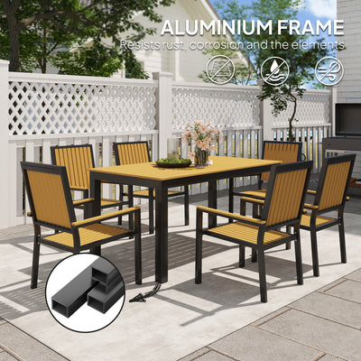 Outsunny 6 Seater Garden Dining Set with Stackable Chairs, Aluminium Frame, Rectangular Plastic Top, Garden Furniture Set, Outdoor Dining Table and Chairs for Patio, Balcony, Poolside, Nature Wood 