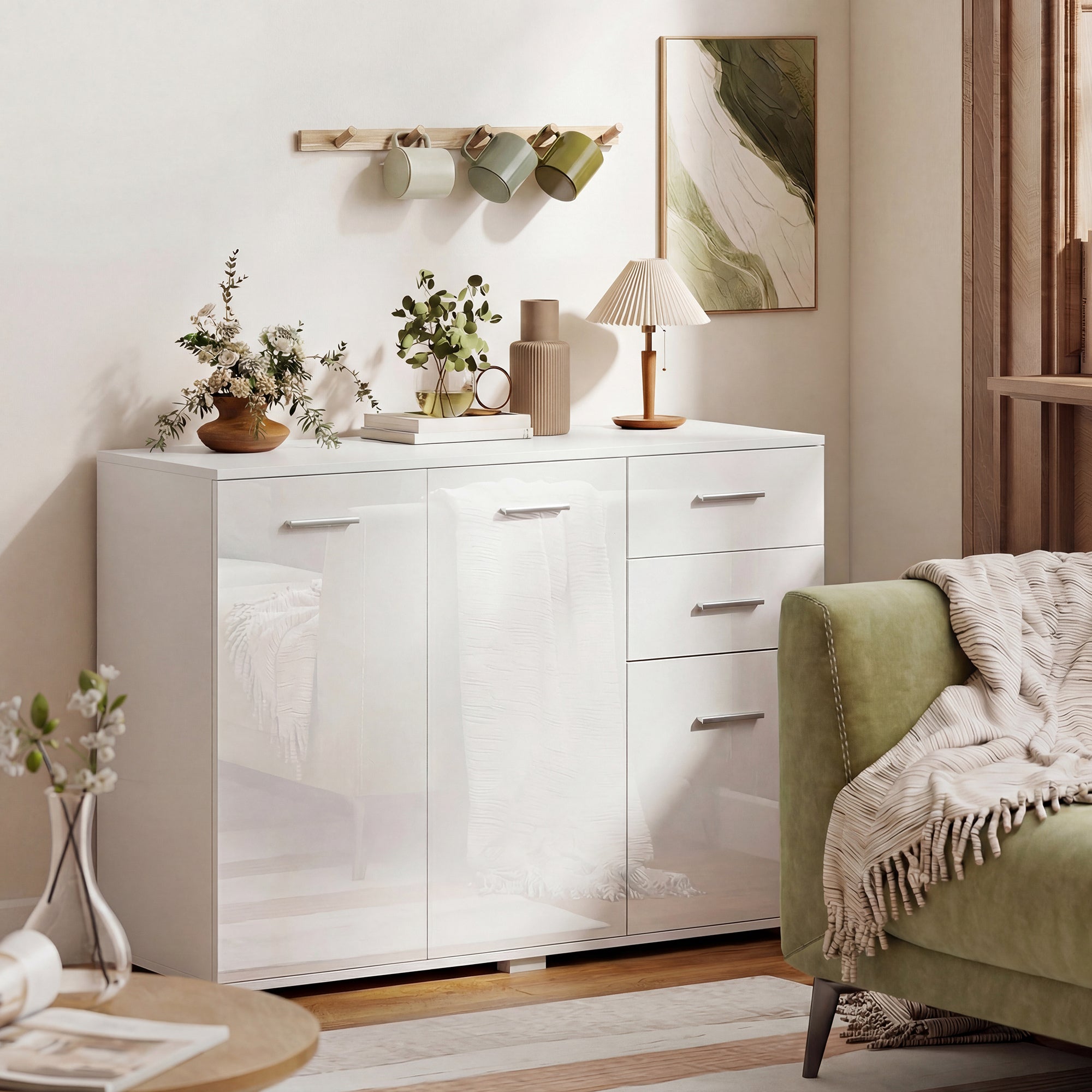 HOMCOM Sideboard, Modern Storage Cabinet with 2 Drawers, 3 Doors and Adjustable Shelves, High Gloss White 