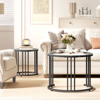 HOMCOM Round Coffee Tables Set of 2, Nesting Tables with Tempered Glass Top and Steel Frame, Black 