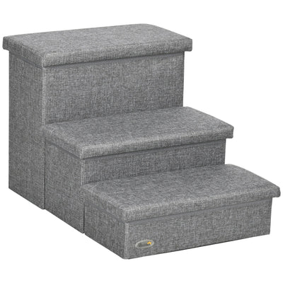PawHut 3 Steps Pet Stairs, with Storage Boxes, for Bed, Couches - Grey 