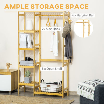 HOMCOM Bamboo Garment Rack, Clothes Rack with Storage Shelf, Hanging Rail and Side Hooks for Entryway, Bedroom, Bathroom and Office, Natural 
